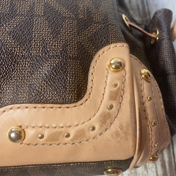 Michael Kors Brown Logo Canvas Satchel Tote with Leather Trim gold-tone hardware - Picture 6 of 16